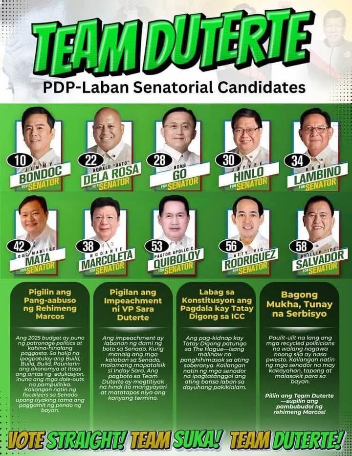VOTE STRAIGHT TEAM DUTERTE!👊🏻

PDP- LABAN SENATORIAL CANDIDATES 🇵🇭

#TeamDuterte
#PDPLABAN
#BringPRRDHome
#VoteStraightTEAMSUKA