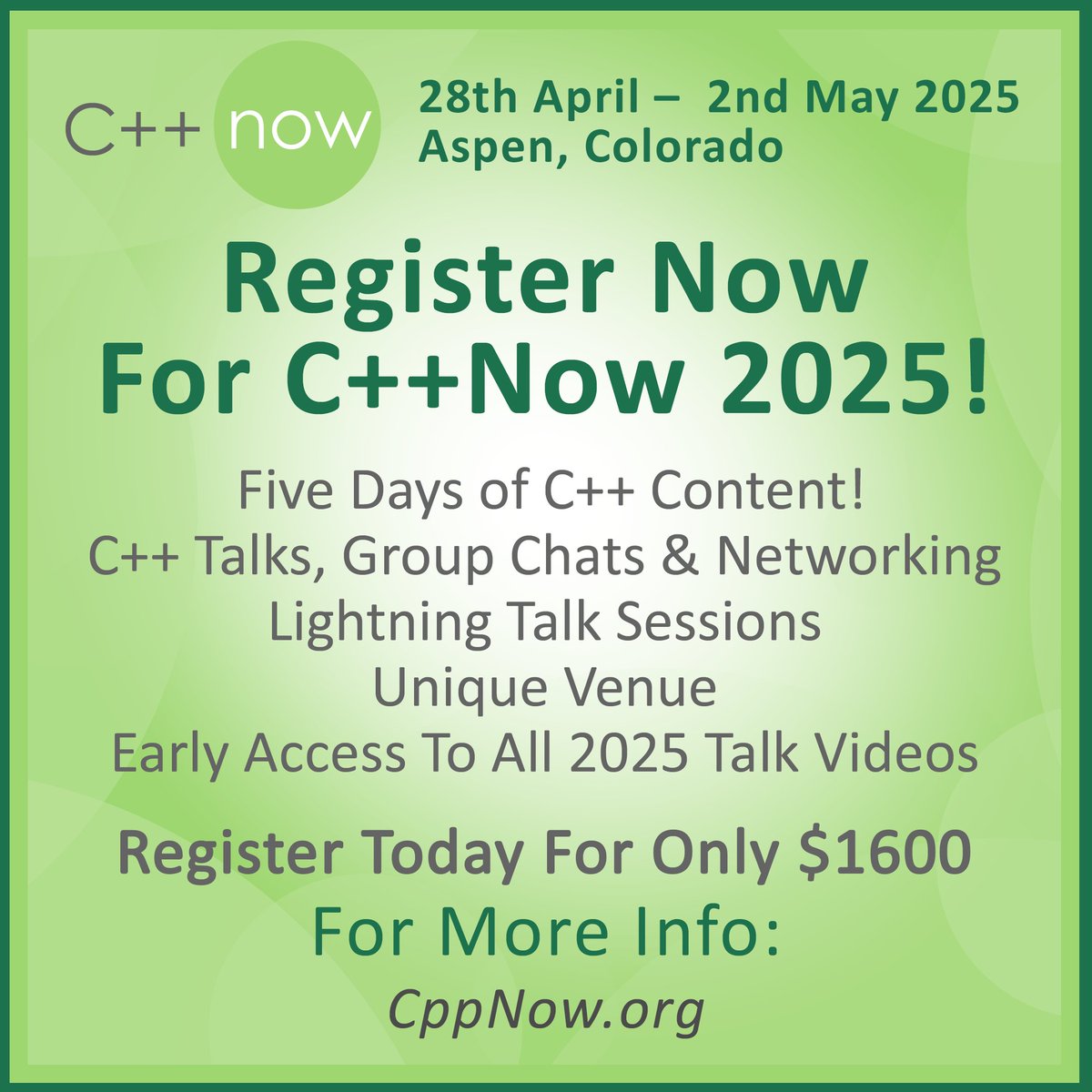 🚀 Exciting news for C++ enthusiasts! Join us in Aspen, Colorado, from April 28th to May 2rd, 2025.

🎉 Register now for five days of cutting-edge talks, and collaboration.

Don't miss out!

cppnow.org/registration

#CPlusPlusProgrammingcppcoding