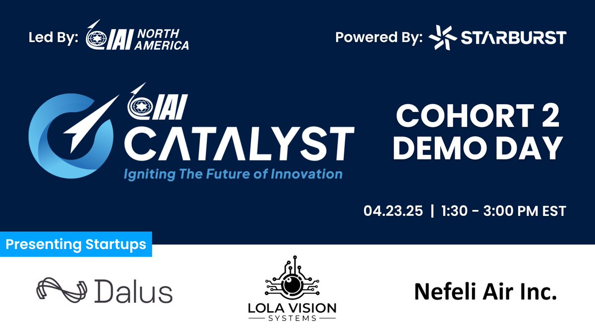 Join us for the IAI CATALYST Cohort 2 Demo Day Showcase, featuring the latest round of #aerospace and #defense innovators from the program!

📅: Wednesday, April 23rd
🕑: 1:30 PM - 3:00 PM EST
📍: Virtual

Register here to tune in to the online session: bit.ly/4l3X6bt