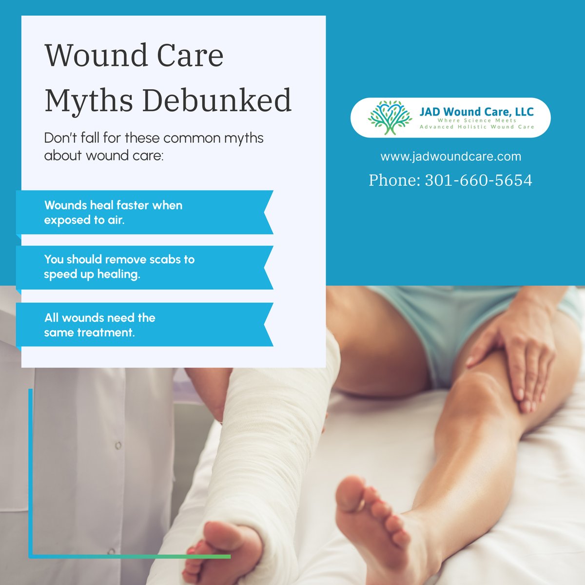 jadwoundcare's tweet photo. Let’s clear up some common misconceptions about wound care. Proper treatment can make all the difference in your recovery. 

#WoundCareServices #ColumbiaMD #WoundHealing https://t.co/pGTduyntpz