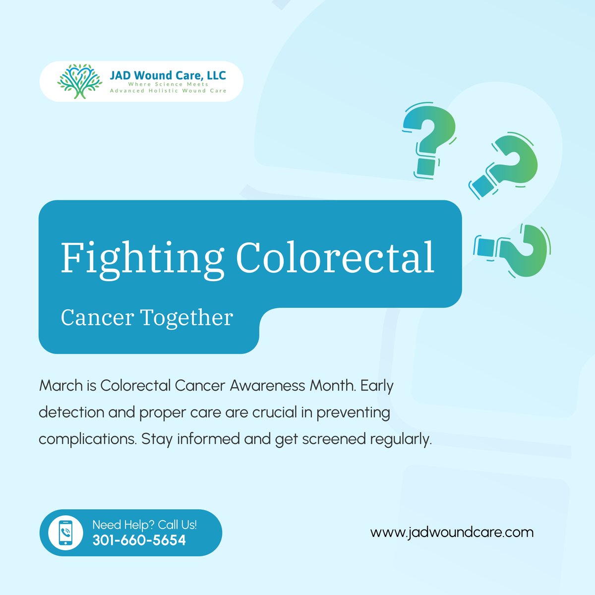 jadwoundcare's tweet photo. Colorectal cancer affects many, but early detection can save lives. Get screened and stay informed this March. 

#ColorectalCancerAwareness #CancerAwareness #CancerPrevention https://t.co/WU6whOWiQQ