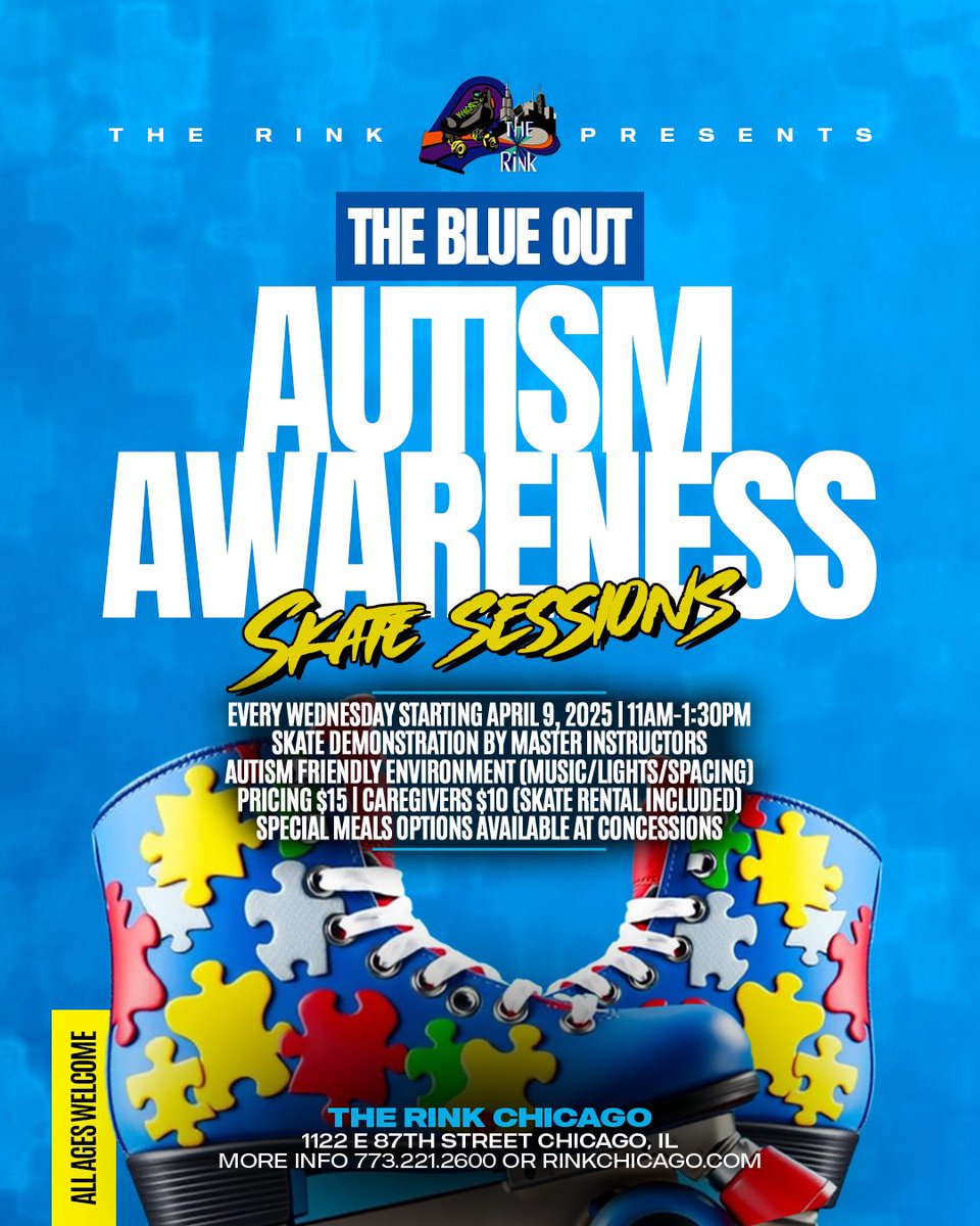 🚨 The Blue Out: Autism Awareness Skate Sessions 🚨

Starting April 9, 2025, join us every Wednesday (11 AM - 1:30 PM) at <a href="/RinkChicago/">The Rink Chicago</a> for an inclusive skate experience! 🛼💙

#TheBlueOut #AutismAwareness #TheRinkChicago #SkateForAReason