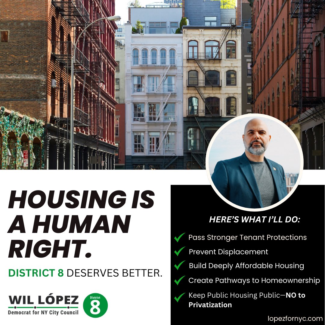 93% of us in District 8 are renters—and over half are rent-burdened. I’ve lived it. I’ve fought back. Now I’m running for City Council to win real tenant protections &amp; deeply affordable housing.

🏠 Join us: lopezfornyc.com

#WilForNYC #District8 #AffordableHousing