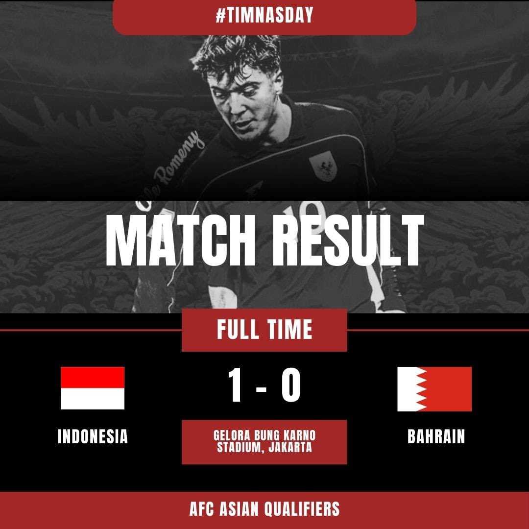 GavrielGulo's tweet photo. 1-0 !!!!! 🇮🇩🔥🏅

Harapan itu masih ada! Indonesia menjaga asa untuk bisa melaju ke Piala Dunia 2026! @oleromeny menjadi pencetak gol satu satunya untuk Indonesia malam ini.

Dengan kemenangan ini Indonesia total telah meraih 9 poin !

Terbang tinggi Garuda ! https://t.co/yGWm7oiHUL