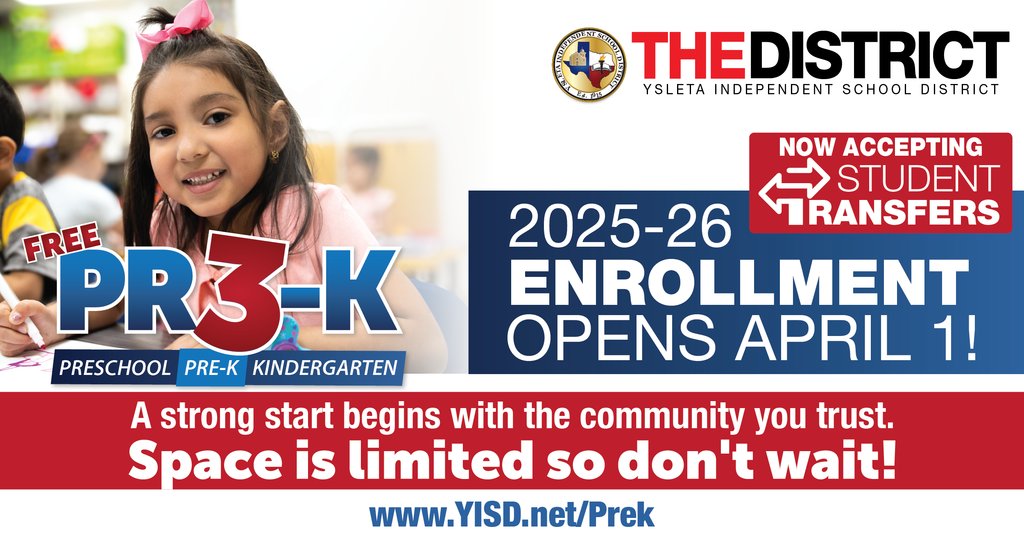 Sign up your little one for preschool or FREE full-day pre-K next fall at #THEDISTRICT! Enrollment opens online TUESDAY, APRIL 1! Secure a spot for your child at El Paso’s #1 district – space is limited, so don’t wait! More info: bit.ly/4hMiq1Y
