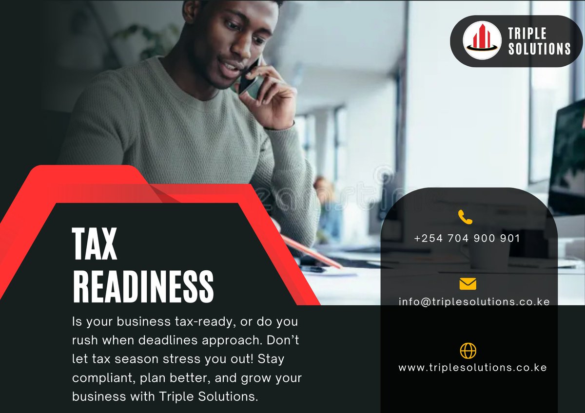 TripleSolKe's tweet image. 📢 Tax Readiness = Business Success!
Are you prepared or rushing last minute? Avoid penalties, cash flow issues, and compliance risks with proper tax planning.
📞 Call us today: +254 704 900 901
🌍 Visit us: triplesolutions.co.ke
#TaxCompliance #TripleSolutions #Tax #KRA
