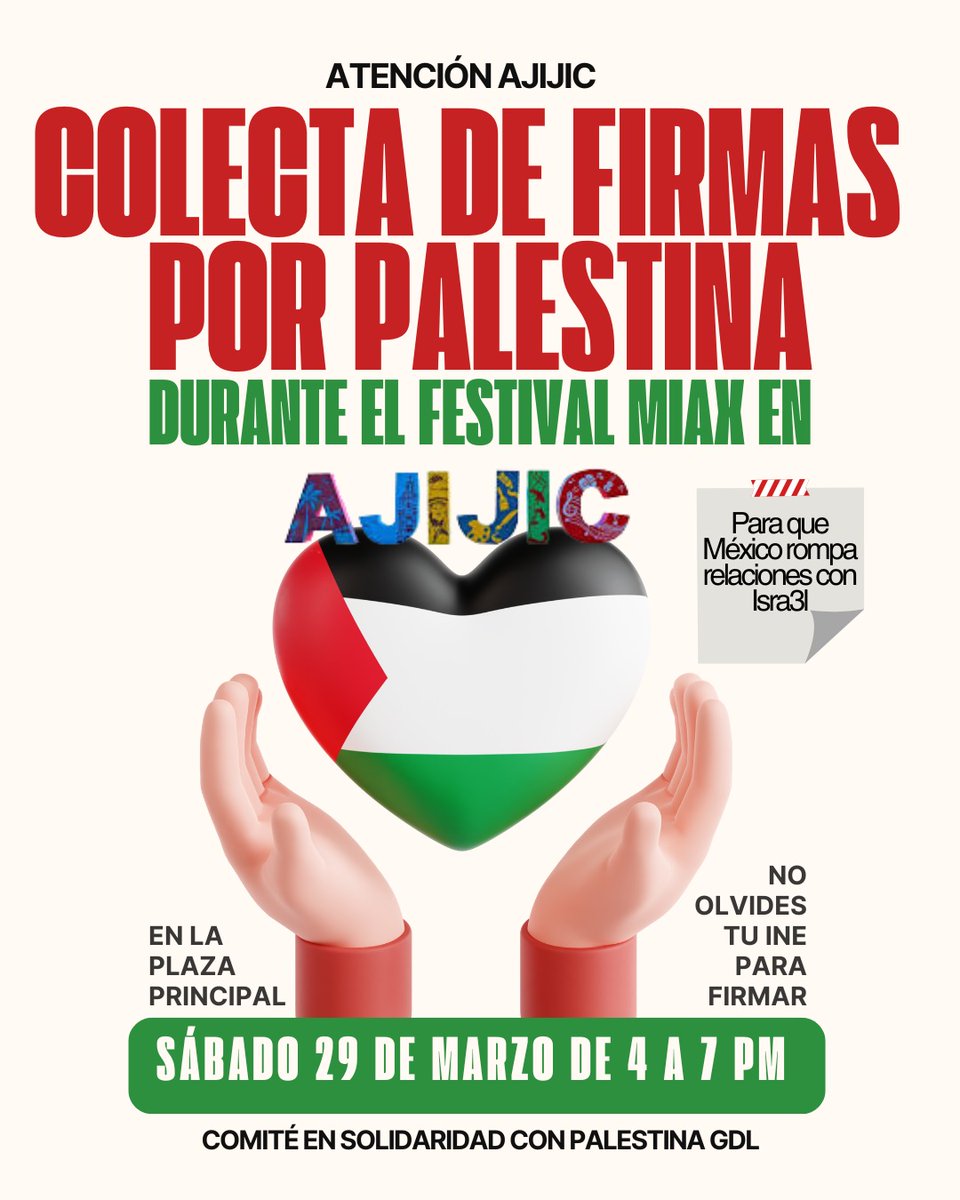 Atención #Ajijic

¿Viven allí o irán al #MIAX este fin de semana? Es su oportunidad para firmar la iniciativa para que México rompa relaciones con 🇮🇱

5️⃣3️⃣6️⃣ días del Gen0c1d10 

🗓️ Sábado 29 de marzo
🕓De 4 a 7 pm
📍Plaza Principal
No olviden su 🪪

#Ajijic #FirmasxPalestinaMx