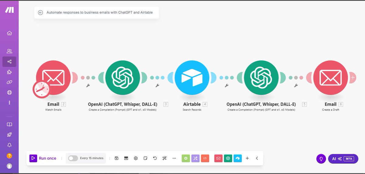 AanuoluwapoPaul's tweet image. The image depicts an automation workflow powered by Make (formerly Integromat), using OpenAI (ChatGPT), Airtable, and email services. This workflow enables businesses or individuals to automate responses to emails systematically.
#timesavingtools #Efficiency #StressReduction