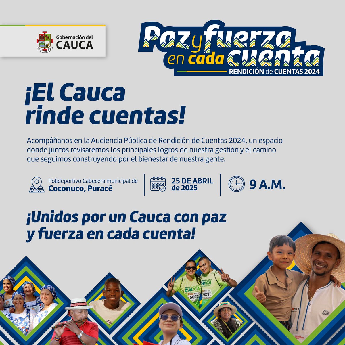 📢 ¡Cauca, este espacio es para ti! 

💙Haz parte de la Audiencia Pública de Rendición de Cuentas 2024, un encuentro de diálogo, transparencia y participación ciudadana. 
Conoce cómo hemos trabajado por el bienestar de nuestro territorio y haz parte activa.#RendiciónDeCuentas2024