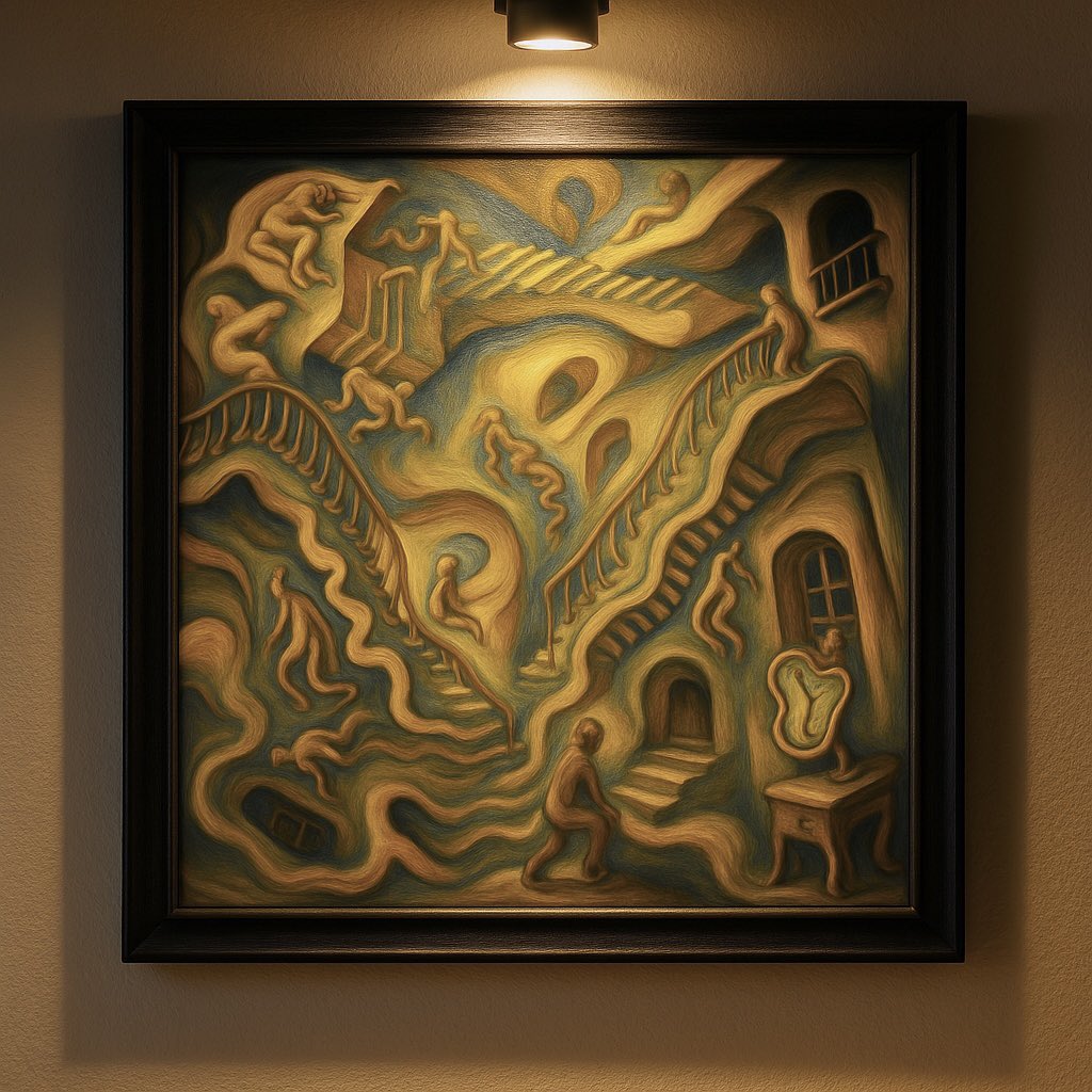 YanboZhang3's tweet image. Mixture of Dalí and Escher, created by GPT 4o