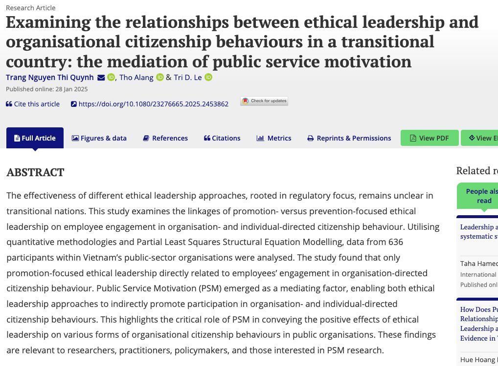 In a recent article Qyunh, Alang, &amp; Le examine the linkages of promotion- versus prevention-focused ethical leadership on employee engagement in organisation- and individual-directed citizenship behaviour in #Vietnam buff.ly/IjEQQQF