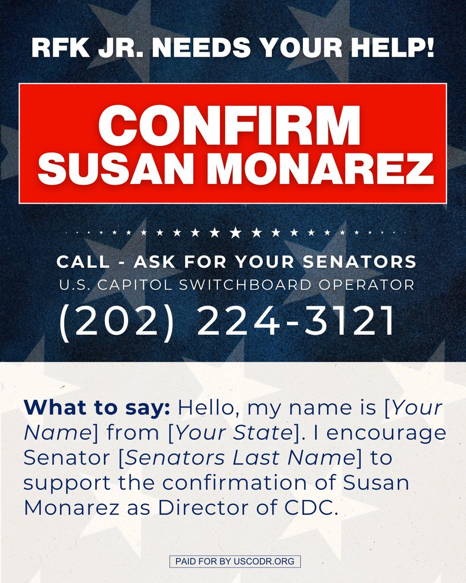 uscodr's tweet image. 🚨 URGENT: Tell the U.S. Senate to support Dr. Susan Monarez for CDC Director! 🚨

Dr. Monarez brings the leadership &amp;amp; innovation we need to restore trust in public health. Her vision can help rebuild a science-driven, transparent, and accountable CDC.

Yes, President Donald…