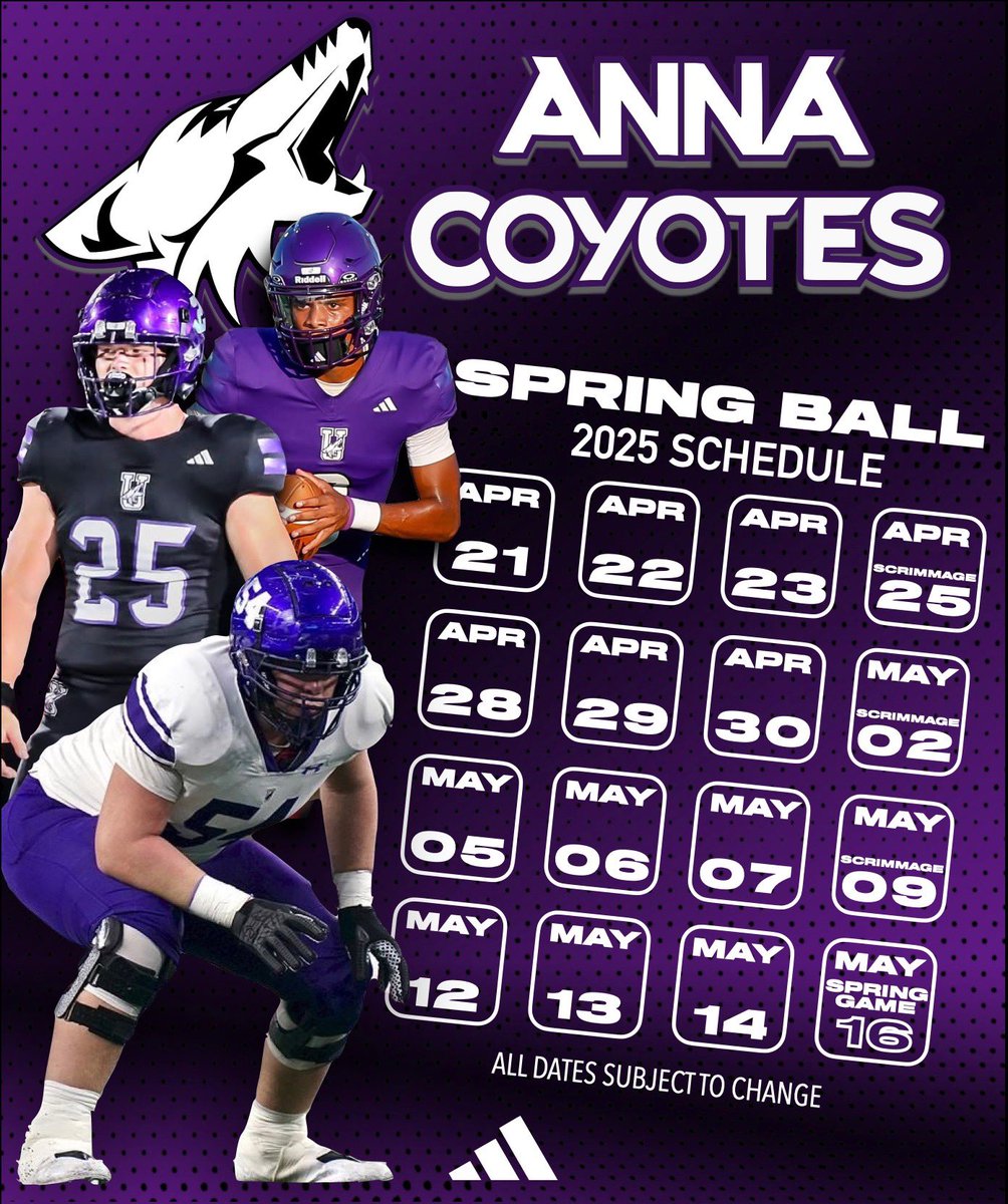 <a href="/AnnaCoyotesFB/">Anna Coyotes Football</a> Spring Practice Schedule.  #CU 

Live Practice 11:20 AM 
Position Drills 6:15 AM