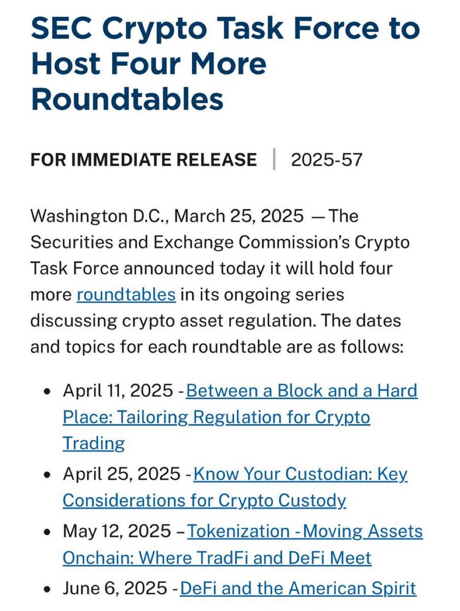 BREAKING: The SEC Crypto Task Force just announced they will host four more crypto roundtables.

These meetings will be held on April 11th, April 25th, May 12th and June 6th.