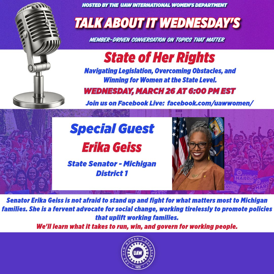 🚨 Join us for an inspiring event with Senators Sarah Anthony &amp; Erika Geiss! 🌟

Hear from these incredible leaders on women’s leadership, social change, &amp; fighting for equity in Michigan RSVP Here: facebook.com/share/16PWC7sU…