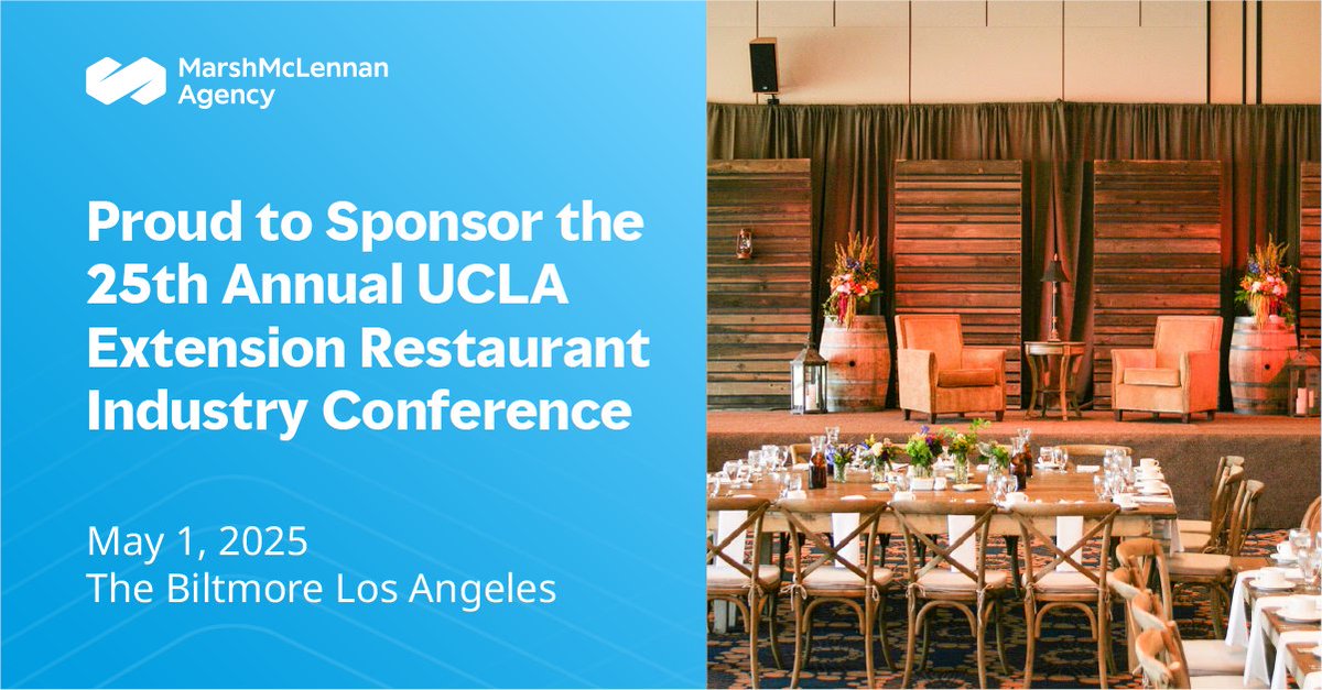 We are proud to be a sponsor for the 25th Annual <a href="/uclaextension/">UCLA Extension</a> Restaurant Industry Conference! Join us for an exciting lineup featuring insights from industry experts opportunities to network. Register today! uclaextension.edu/restaurant-ind… #MarshMMA #RestaurantIndustry