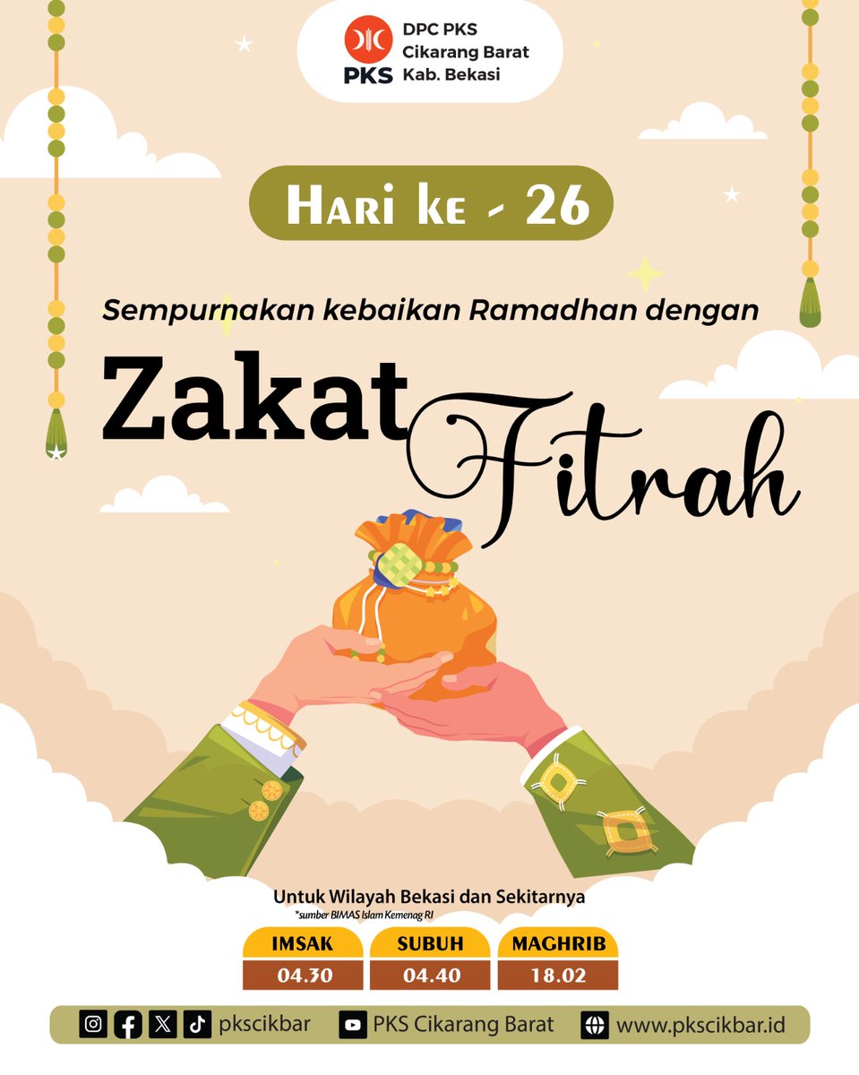 Hari Ke-26 Ramdhan 1446H
Sempurnakan kebaikan Ramadhandengan Zakat Fitrah
<a href="/PKSBekasi/">PKS Kabupaten Bekasi</a> <a href="/pksjabar/">DPW PKS Jawa Barat</a>