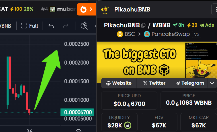 CTO on this is going to cook. Great narrative. Get your entry in now on #PikachuBNB. Thank me later 😉

0x2Be5F71D5Ad03900BF44cecc1691e5903e35aA93

$tut $mogo $habibi $quq $bnbxbt $frog $bmt $bink $zc $tabibi $chad $patlu $bubb $popcat #mubarak #broccoli #f3b #100m #captainbnb