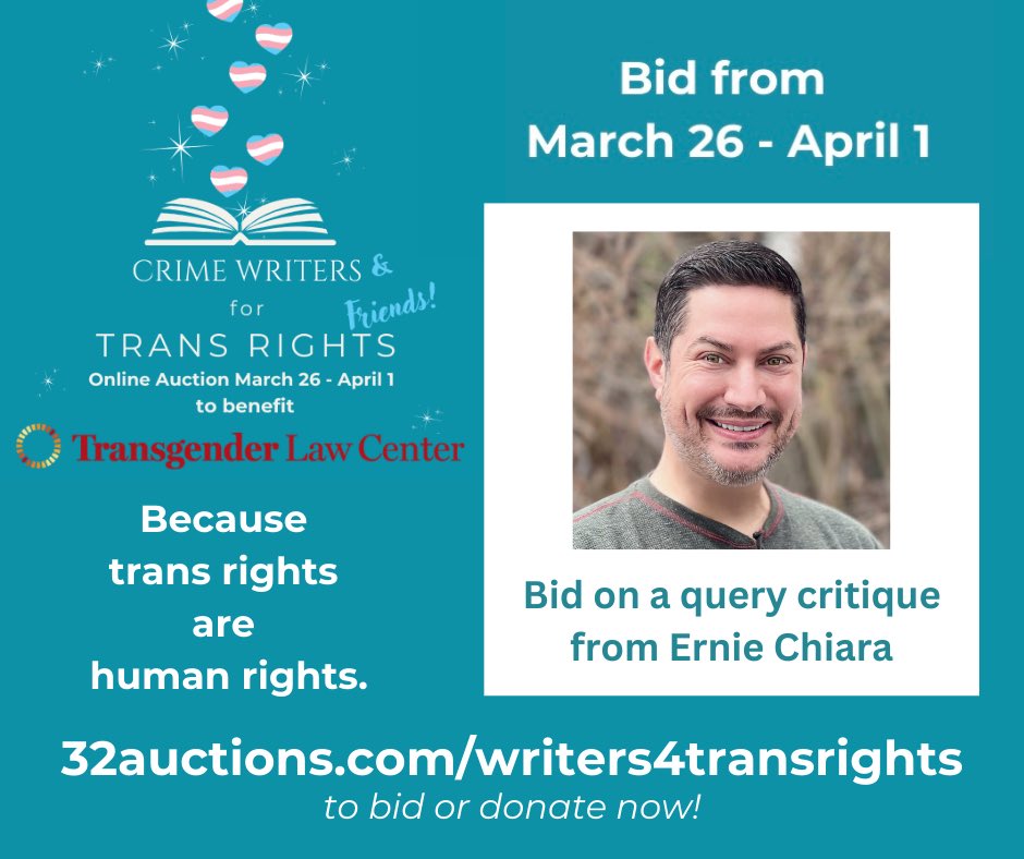 Proud to be supporting the Crime Writers for Trans Rights Auction! Bid on a query critique from me, as well as signed books, original art, and much more—all for an important cause. Bidding opens tomorrow!

🏳️‍⚧️TRANS RIGHTS ARE HUMAN RIGHTS!🏳️‍⚧️

32auctions.com/writers4transr…
