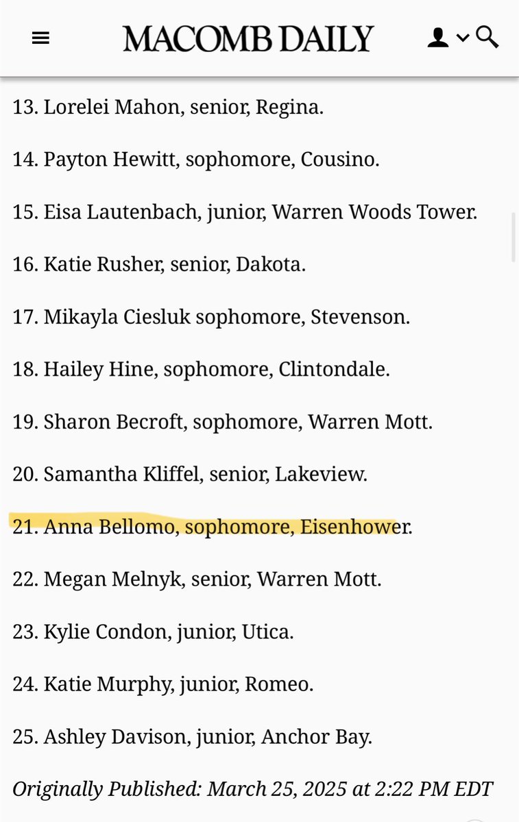 I am top 25 of the top softball players in Macomb! Thank you <a href="/MIPrepZoneMD/">MIPrepZone Macomb</a> <a href="/macombdaily/">The Macomb Daily</a> I can’t wait to start our season next week <a href="/CoastRecruits/">Coast 2 Coast Recruits</a> <a href="/SBRRetweets/">Softball Recruiting Reposts</a> <a href="/CoastalSoftball/">Coastal Carolina SB</a> <a href="/GVSUSoftball/">GVSU Softball</a> <a href="/FIUSoftball/">FIU Softball</a> <a href="/BallStateSB/">Ball State Softball</a> <a href="/svsu_ryan/">CoachRyan</a>