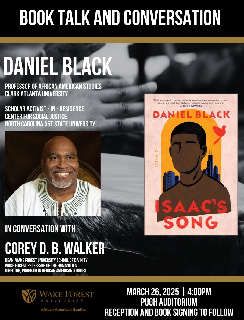 Corey D. B. Walker (@wfuprofwalker) on Twitter photo EXCITED! <a href="/WFUAfAmStudies/">African American Studies | Wake Forest University</a> will host my dear friend and <a href="/nytimes/">The New York Times</a> best selling author <a href="/DrDanielBlack/">Daniel Black</a> at <a href="/WakeForest/">Wake Forest University</a> tomorrow at 4pm in Pugh Auditorium in the Benson University Center. EXCITED! <a href="/WFUAfAmStudies/">African American Studies | Wake Forest University</a> will host my dear friend and <a href="/nytimes/">The New York Times</a> best selling author <a href="/DrDanielBlack/">Daniel Black</a> at <a href="/WakeForest/">Wake Forest University</a> tomorrow at 4pm in Pugh Auditorium in the Benson University Center.