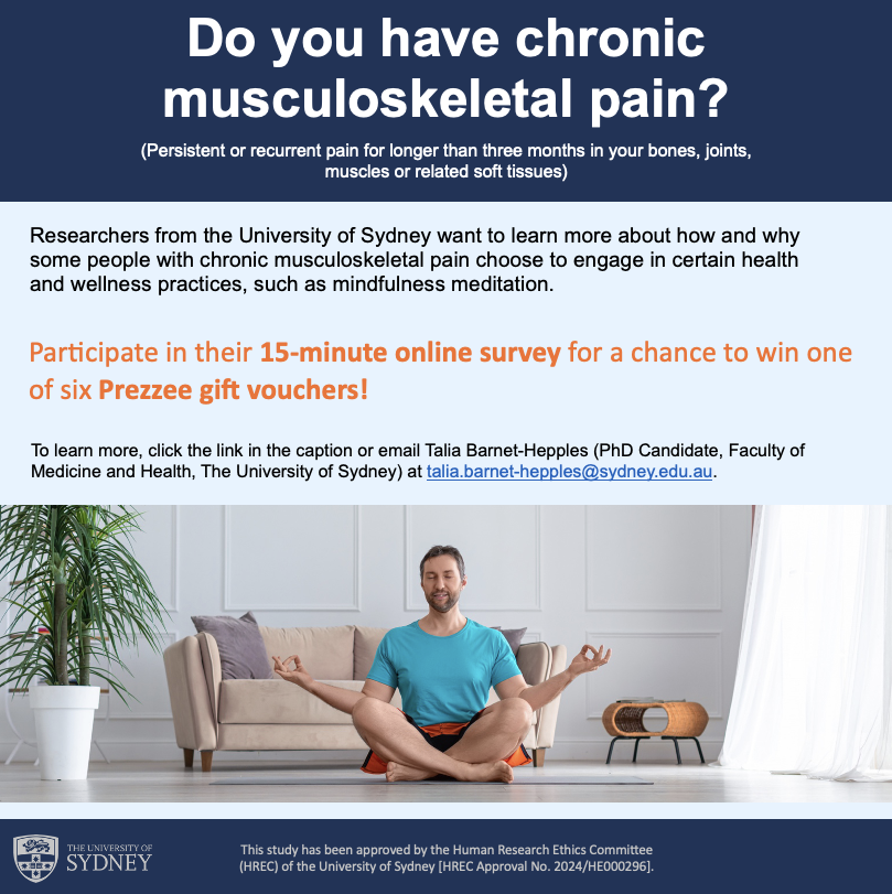 Seeking adults with chronic musculoskeletal pain living in Australia and New Zealand - Participate in this survey for a chance to win one of six Prezzee gift vouchers!

👉Learn more: bit.ly/chronic-MSK-pa…
 
#ChronicPainResearch #Mindfulness