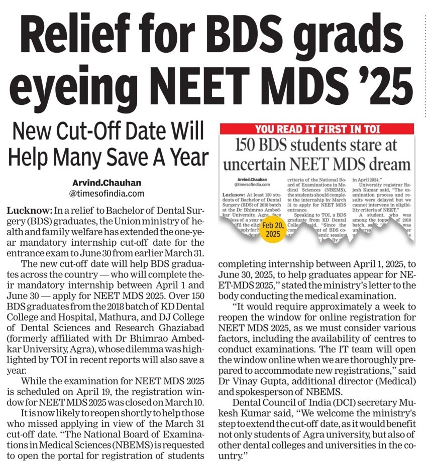 Arvind Chauhan (@arv_ind_chauhan) on Twitter photo The <a href="/MoHFW_INDIA/">Ministry of Health</a> has granted relief to #BDS graduates by instructing medical examination conducting body NBEMS to open the online window for #NEETMDS 2025 registration, following the official extension of the mandatory one-year internship deadline from March 31 to June 30, 2025. The <a href="/MoHFW_INDIA/">Ministry of Health</a> has granted relief to #BDS graduates by instructing medical examination conducting body NBEMS to open the online window for #NEETMDS 2025 registration, following the official extension of the mandatory one-year internship deadline from March 31 to June 30, 2025.