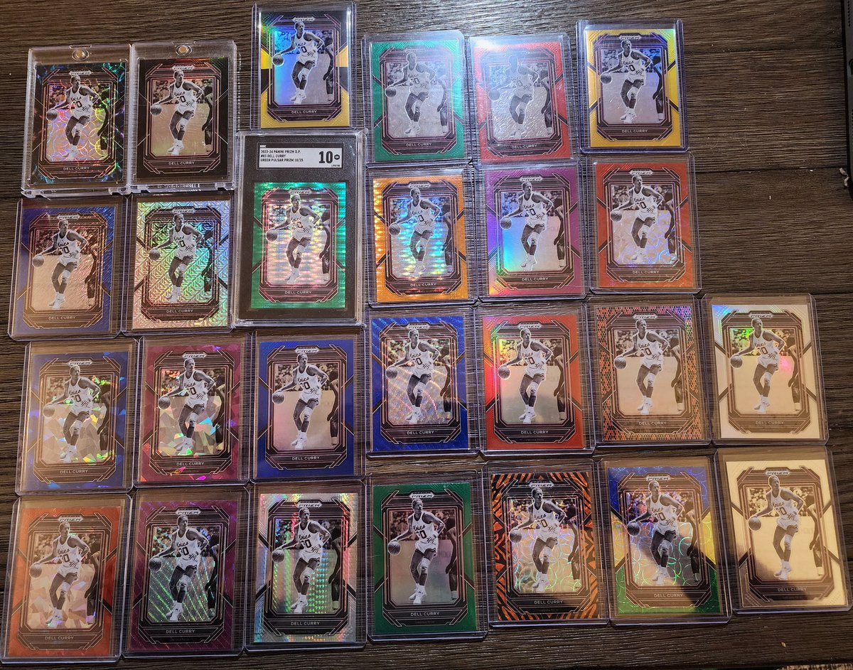 rhockett1's tweet photo. @CardPurchaser Dell Curry 2023-24 Prizm Draft Picks. Pretty close to completing this, just need the 1/1s for the auto and for the non autos I need the White Sparkle and the Green Shimmer /3. The Nebula auto sold on Ebay about a month ago, hoping it'll resurface. https://t.co/vshe2C09KC