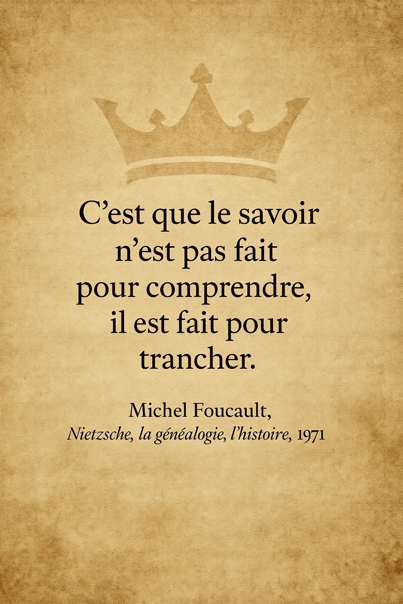 “C’est que le savoir n’est pas fait pour comprendre, il est fait pour trancher.”
— Michel Foucault, Nietzsche, la généalogie, l’histoire, 1971.

Artpiece by <a href="/seresarte/">SERESARTE Media.eth | @ReyFiloso</a>