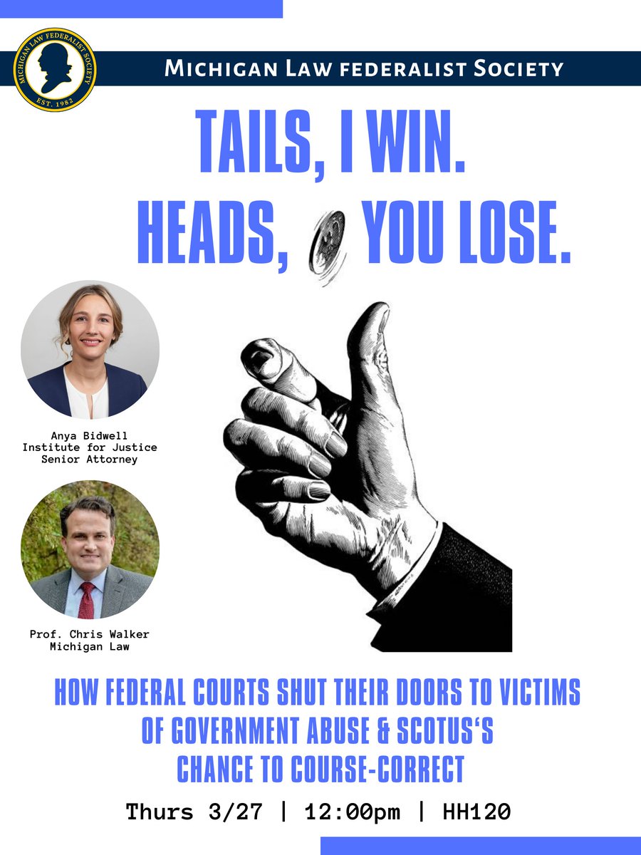 MLaw_FedSoc's tweet image. Join us for lunch on Thursday as we welcome Anya Bidwell from the Institute for Justice to discuss Qualified Immunity and her upcoming argument before the U.S. Supreme Court.
Our faculty advisor, Chris Walker (@chris_j_walker) will serve as the respondent.