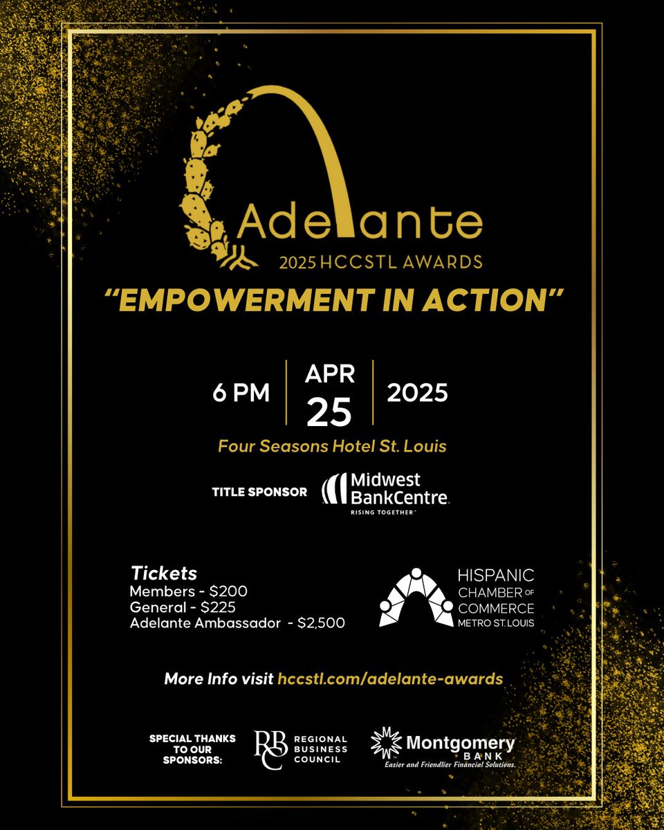 We're a month away from one of our biggest nights, the Adelante Awards. With this years theme, Empowerment in Action, we celebrate the power of community, leadership and progress- recognizing those who break barriers and inspire change. 
🎟️ business.hccstl.com/events/details…