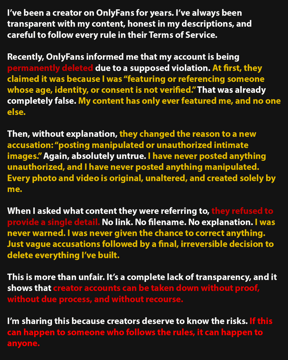 QueenSitra's tweet photo. Getting deleted by @OnlyFans after years of work.
First they said I “featured someone unverified.”
Then claimed “manipulated or unauthorized images.”
BOTH FALSE. No proof. No warning. No way to appeal.
CREATORS DESERVE BETTER.
#OnlyFans #Deplatformed #CreatorRights https://t.co/PquFKFhCDf