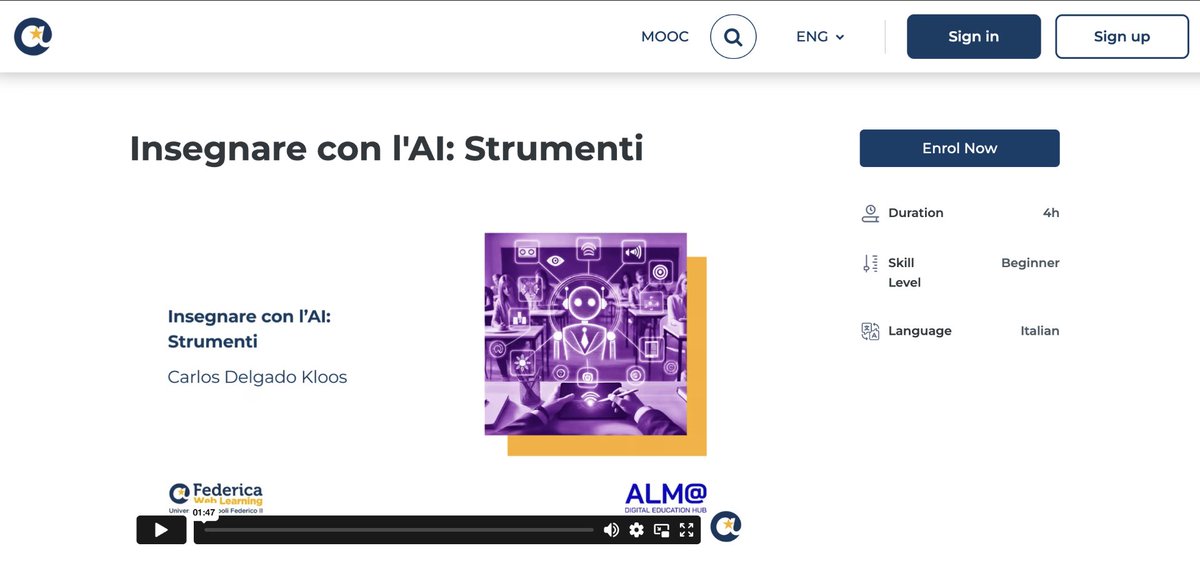 Prof. Carlos Delgado Kloos teaches "Insegnare con l'AI: Strumenti" – a 4-week #MOOC on #AIineducation, now available in Italian 🇮🇹 (EN &amp; ES coming soon)!

🤖 Learn how AI can power teaching tools &amp; content creation!

🔗 Enrol: lms.federica.eu/enrol/index.ph…
#MICROCASA