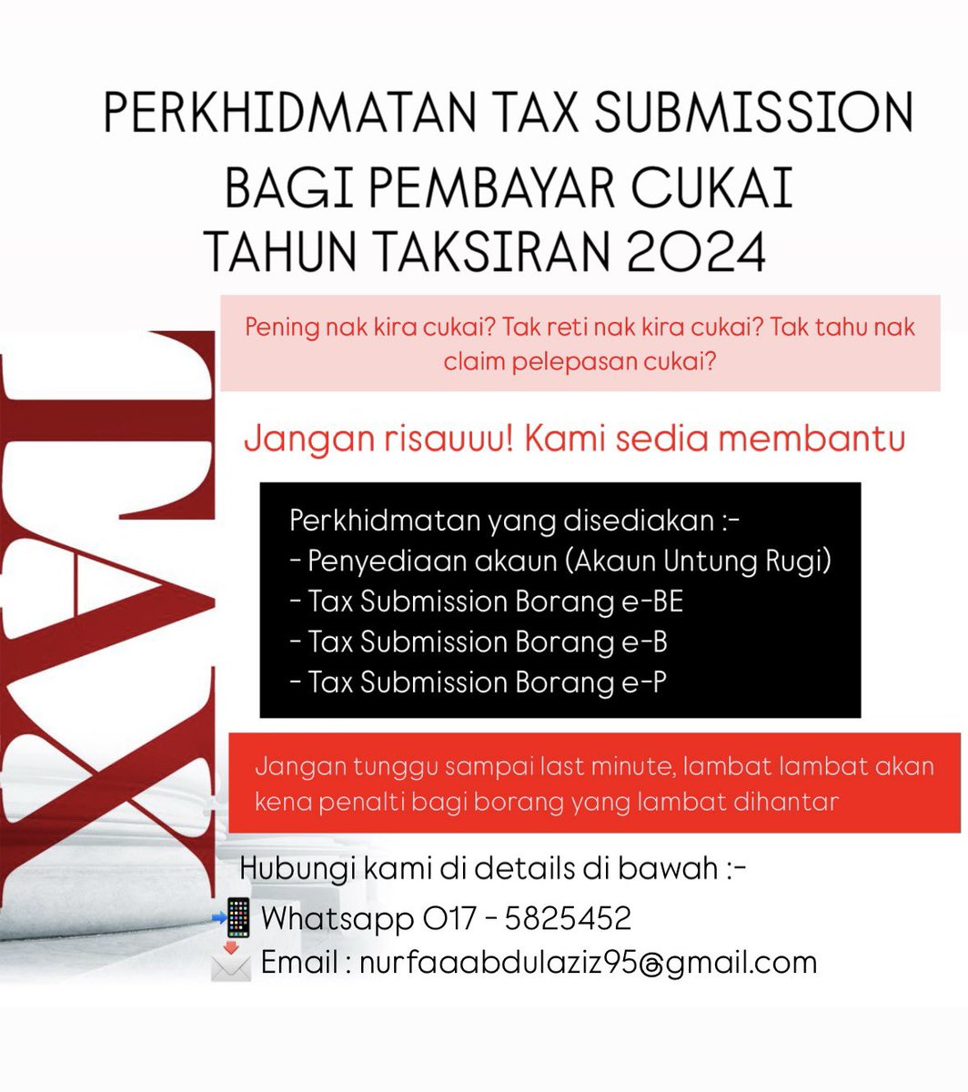 f4teyhaa's tweet photo. @kaynisss22 TAK SEMPAT BUAT E-FILING? TAKUT KENA PENALTY? NO WORRIES I'M HERE TO ASSISTS YOU 🙋🏻‍♀️ 

Let me assist you in preparing tax computation &amp; guide you before do submission on your behalf, service charges applied! ☺️

Details in the picture below 

https://t.co/rxJaKtUhxG https://t.co/N3iWDsAck4