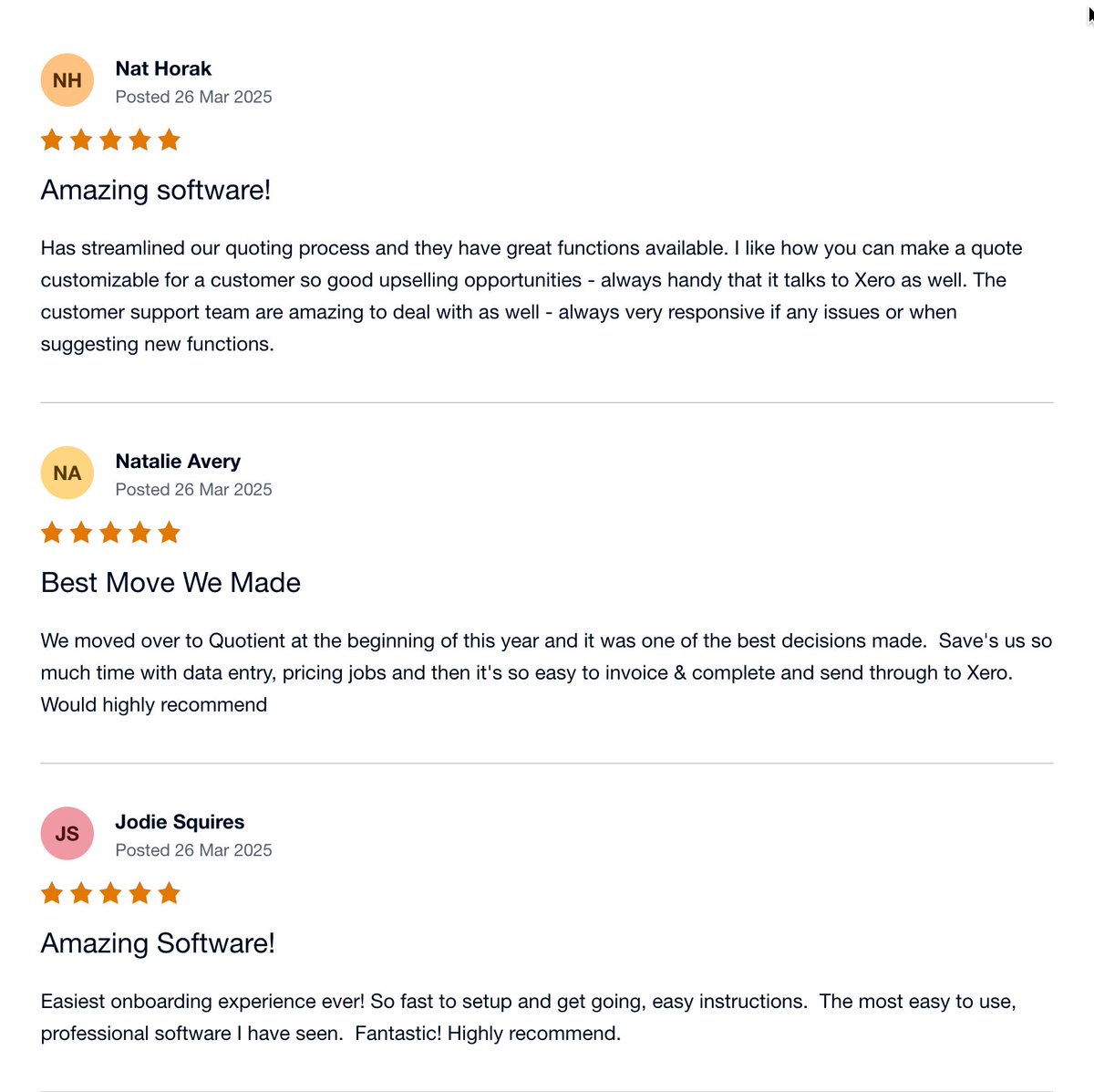 QuotientApp's tweet image. A few lovely 5⭐️ reviews from some of our amazing customers. We are humbled 🙏 Via the Xero App Store. Thanks @Xero
