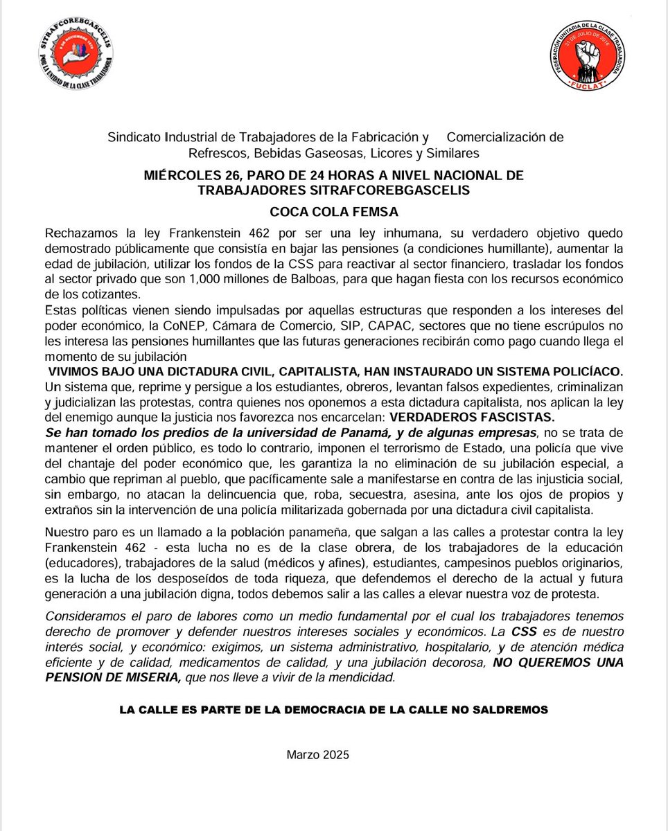 Panamainfomado's tweet photo. Trabajadores Afiliados en FUCLAT de Femsa, Coca Cola convoca a un paro de 24 horas en rechazo a la aprobación de la ley 462 que reforma la seguridad social.

Este paro es de miércoles 26 de 6:00 am hasta las 6:00 pm del jueves 27 https://t.co/sUuiyMLTI4