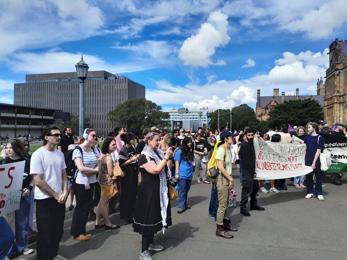 A loud demo at Sydney Uni for Palestine. Staff &amp; students say: end the repression of genocide opponents, boycott apartheid Israel and abolish all genocidal states, for a world of equality and justice for everyone regardless of their faith, background or ethnicity. Free Palestine!