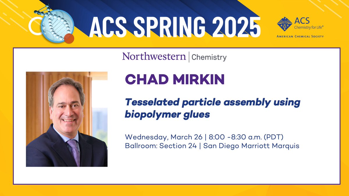 Northwestern Chemistry (@nuchemistry) on Twitter photo We’re diving into another exciting day of #NUChemistry research, discussions, and networking! Here’s what’s on the agenda for Wednesday at #ACSSpring2025:
<a href="/CHADNANO/">Chad A. Mirkin</a> talks tesselated #particle assembly (<a href="/IINanoNU/">International Institute for Nanotechnology</a>) We’re diving into another exciting day of #NUChemistry research, discussions, and networking! Here’s what’s on the agenda for Wednesday at #ACSSpring2025:
<a href="/CHADNANO/">Chad A. Mirkin</a> talks tesselated #particle assembly (<a href="/IINanoNU/">International Institute for Nanotechnology</a>)