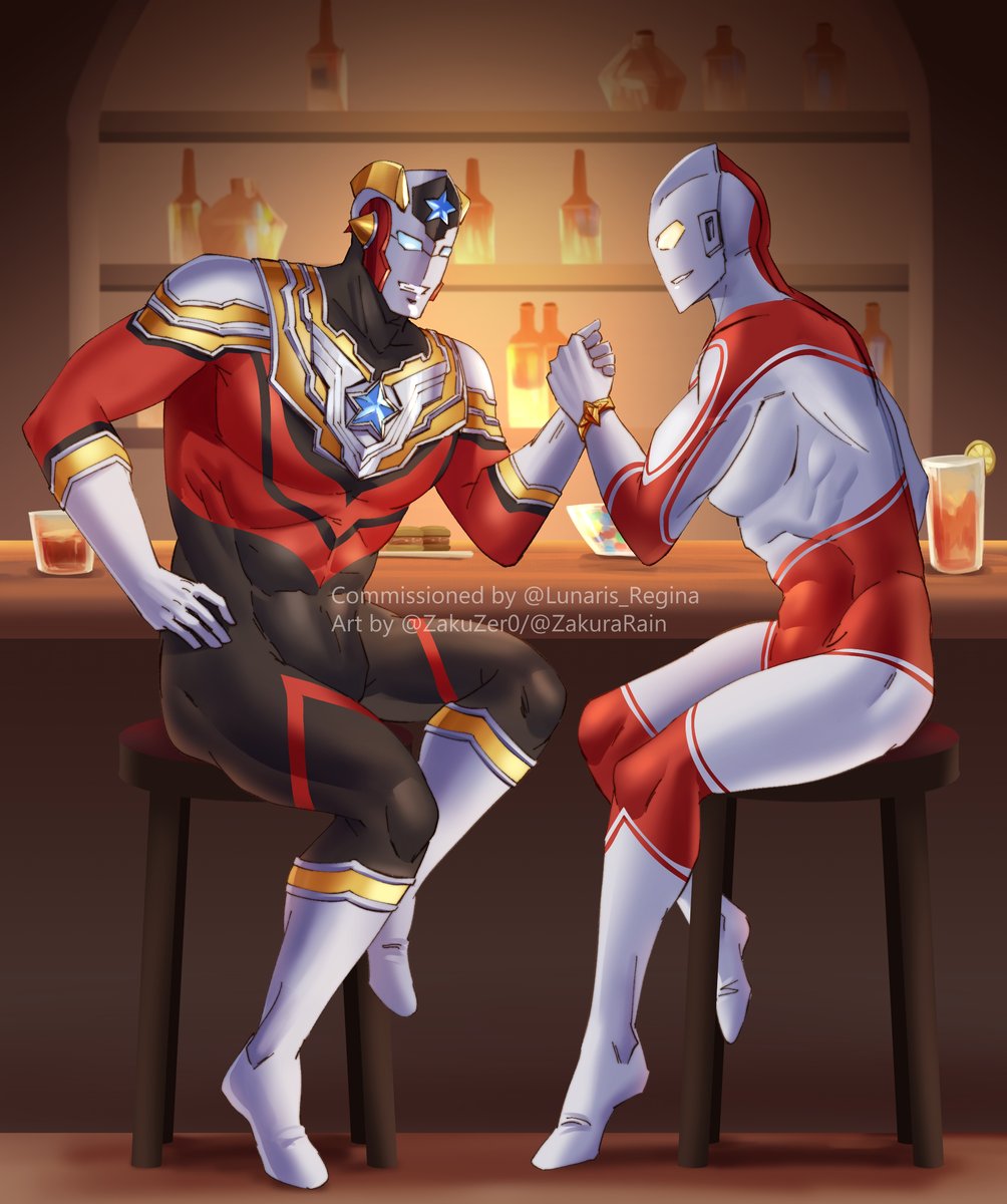 Ultraman Titas and Ultraman Jack arm wrestling in a bar c0mm-ed by