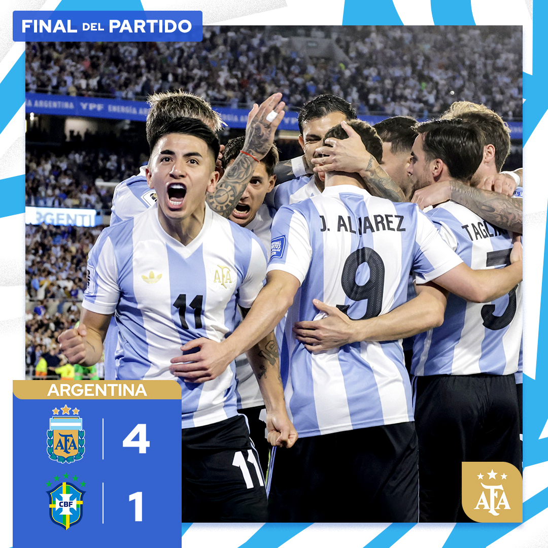 🇦🇷 Selección Argentina ⭐⭐⭐ (@argentina) on Twitter photo 🏆 #Eliminatorias
⚽ <a href="/Argentina/">🇦🇷 Selección Argentina ⭐⭐⭐</a> 🇦🇷 4 (Julián Álvarez, Enzo Fernández, Alexis Mac Allister y Giuliano Simeone) 🆚 #Brasil 🇧🇷 1
👉 Partidazo y victoria para celebrar la clasificación al Mundial 😄 🏆 #Eliminatorias
⚽ <a href="/Argentina/">🇦🇷 Selección Argentina ⭐⭐⭐</a> 🇦🇷 4 (Julián Álvarez, Enzo Fernández, Alexis Mac Allister y Giuliano Simeone) 🆚 #Brasil 🇧🇷 1
👉 Partidazo y victoria para celebrar la clasificación al Mundial 😄