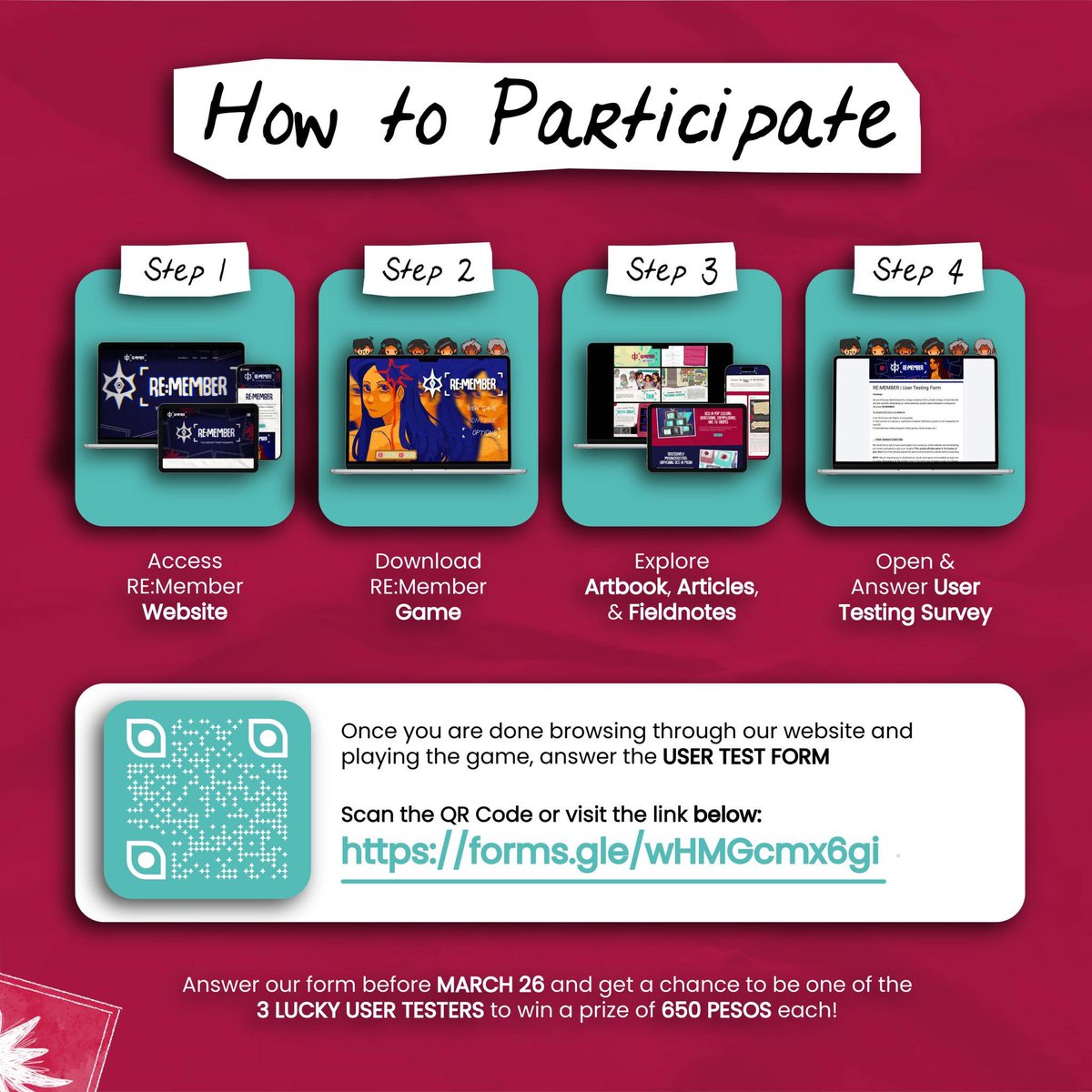 We finished the 2nd iteration of our game and we need YOUR help to graduate 🫵

Filipino oomfs, if you have the time pls try out our visual novel and answer the form!! It would be really helpful if you could share it with other ppl you know too

docs.google.com/forms/u/1/d/e/…