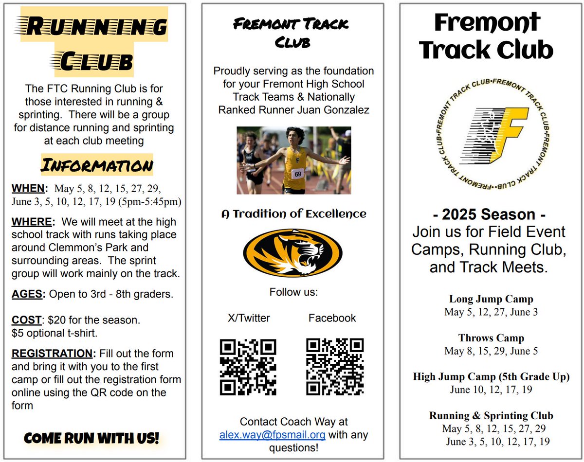 Join us for the 2025 Track Club season!  See the calendar and information attached.  If you have any questions, please message or email Coach Way (alex.way@fpsmail.org).

Register:  forms.gle/nG9bK21qHGWqrg…