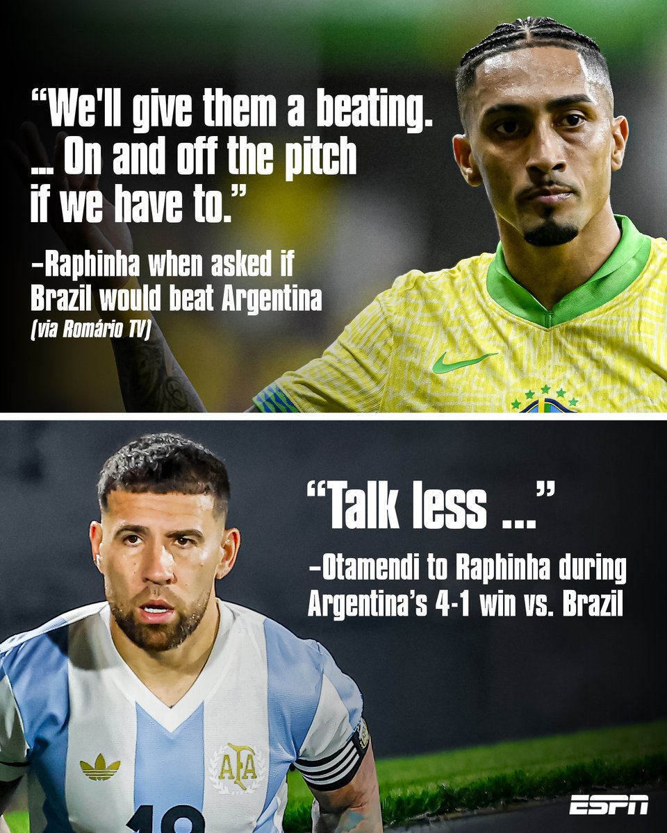 ESPNFC's tweet image. Otamendi must have heard what Raphinha said before the match 😅