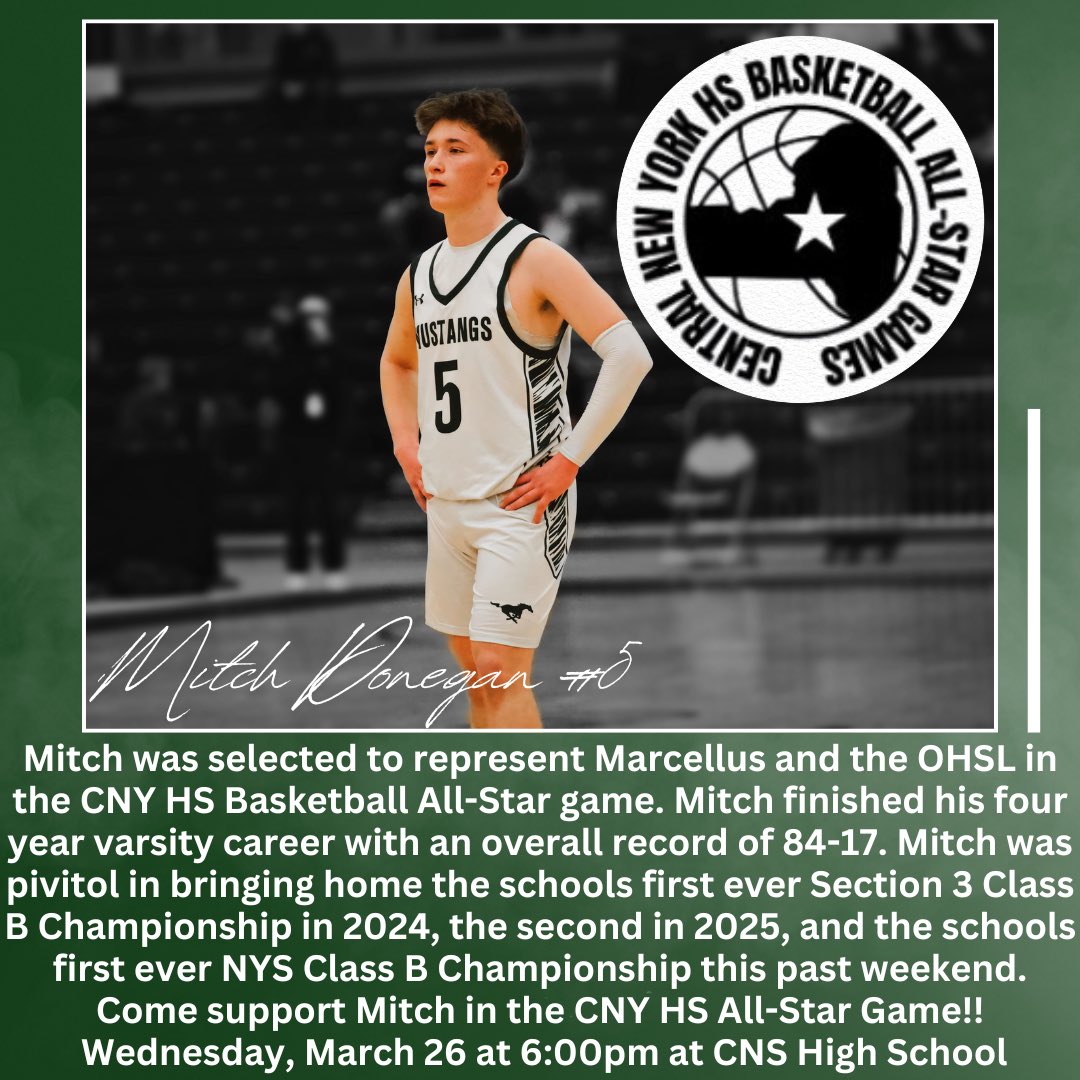 Come out to CNS High School to support Senior Captain #5 Mitch Donegan in the CNY HS Basketball All-Star Game! Tipoff is set for 6:00pm. Admission is $5. 
🐎🏀💪🏼
