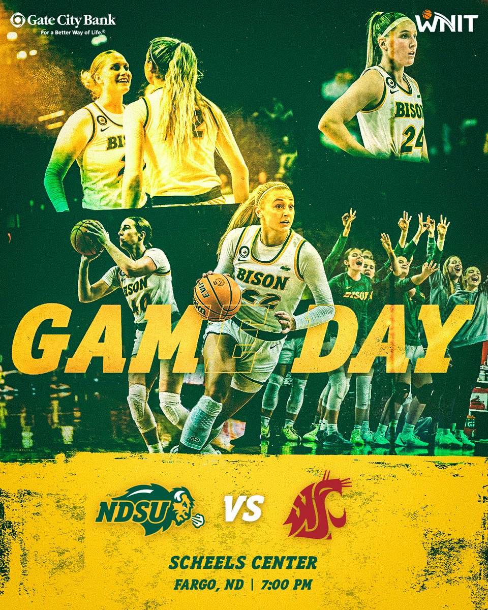 NDSU Women's Basketball (@ndsuwbb) on Twitter photo Feeling Super Today
🏆: WNIT (gobison.info/WNIT25)
🆚: Washington State
⏰: 7:00 PM CT
📍: Fargo, ND
🏟️: Scheels Center
🎟️: GoBison.com/Tickets
📺: WDAY Xtra
💻: WDAY+ (gobison.info/WDAYPlus)
🎙️: <a href="/Bison1660/">Bison 1660</a> (gobison.info/LISTEN)
📈: gobison.info/4l2f91n Feeling Super Today
🏆: WNIT (gobison.info/WNIT25)
🆚: Washington State
⏰: 7:00 PM CT
📍: Fargo, ND
🏟️: Scheels Center
🎟️: GoBison.com/Tickets
📺: WDAY Xtra
💻: WDAY+ (gobison.info/WDAYPlus)
🎙️: <a href="/Bison1660/">Bison 1660</a> (gobison.info/LISTEN)
📈: gobison.info/4l2f91n