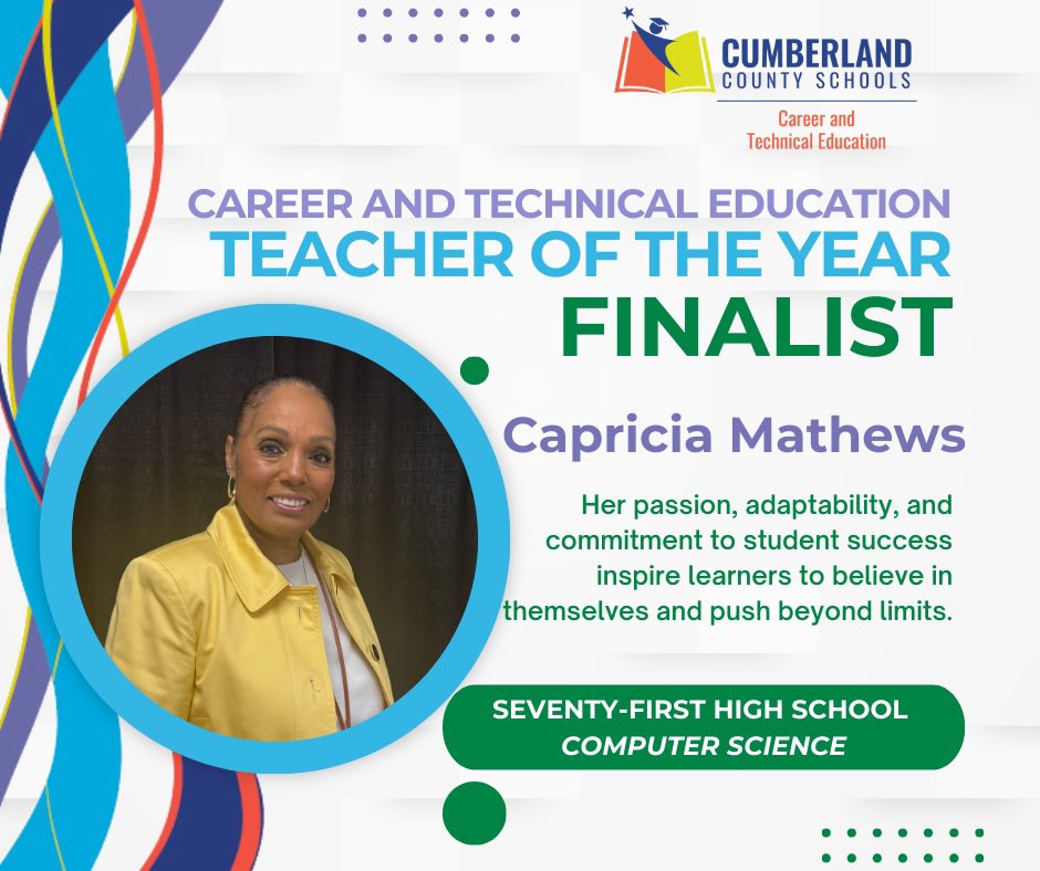 CCSCTE (@cte_ccs) on Twitter photo Congratulations to Capricia Matthews of <a href="/71sthighccs/">Seventy-First High School</a> on being named a district finalist for #NCCATCTETOY for <a href="/CumberlandCoSch/">Cumberland County Schools</a> Congratulations to Capricia Matthews of <a href="/71sthighccs/">Seventy-First High School</a> on being named a district finalist for #NCCATCTETOY for <a href="/CumberlandCoSch/">Cumberland County Schools</a>