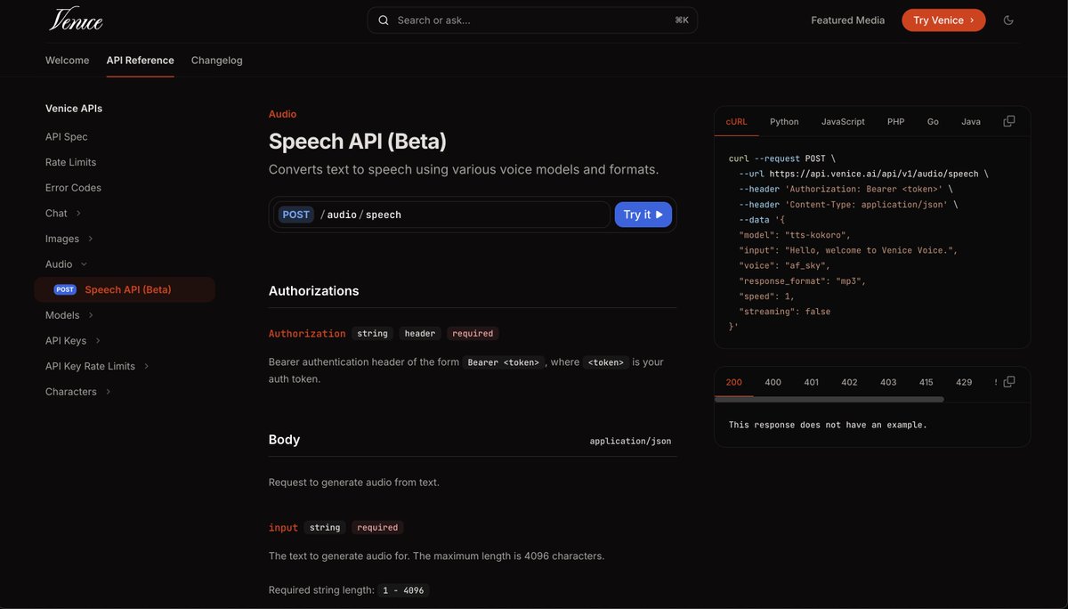 Venice Voice Text to Speech (TTS) is now available for all users in the Venice  API