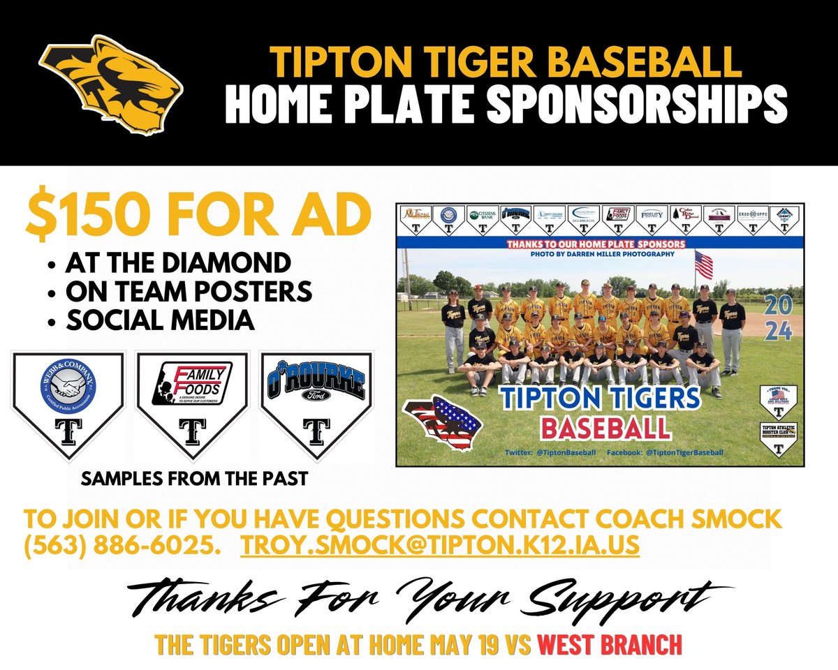 TiptonBaseball's tweet image. Advertising Opportunities for Tipton Baseball. Contact Coach Smock with questions or to join our team. We&apos;ve been happy to partner with so many local businesses throughout the years.