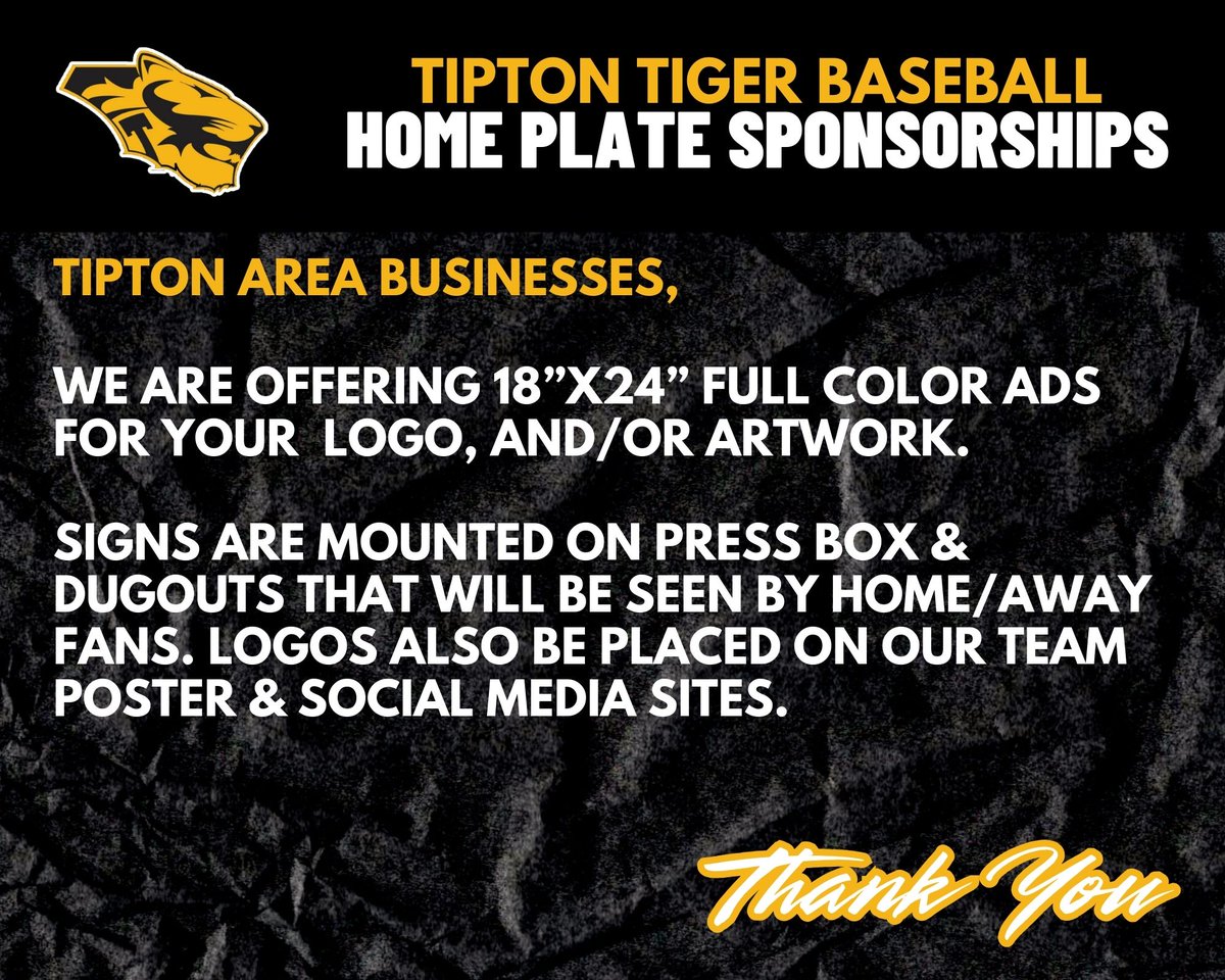 TiptonBaseball's tweet image. Advertising Opportunities for Tipton Baseball. Contact Coach Smock with questions or to join our team. We&apos;ve been happy to partner with so many local businesses throughout the years.