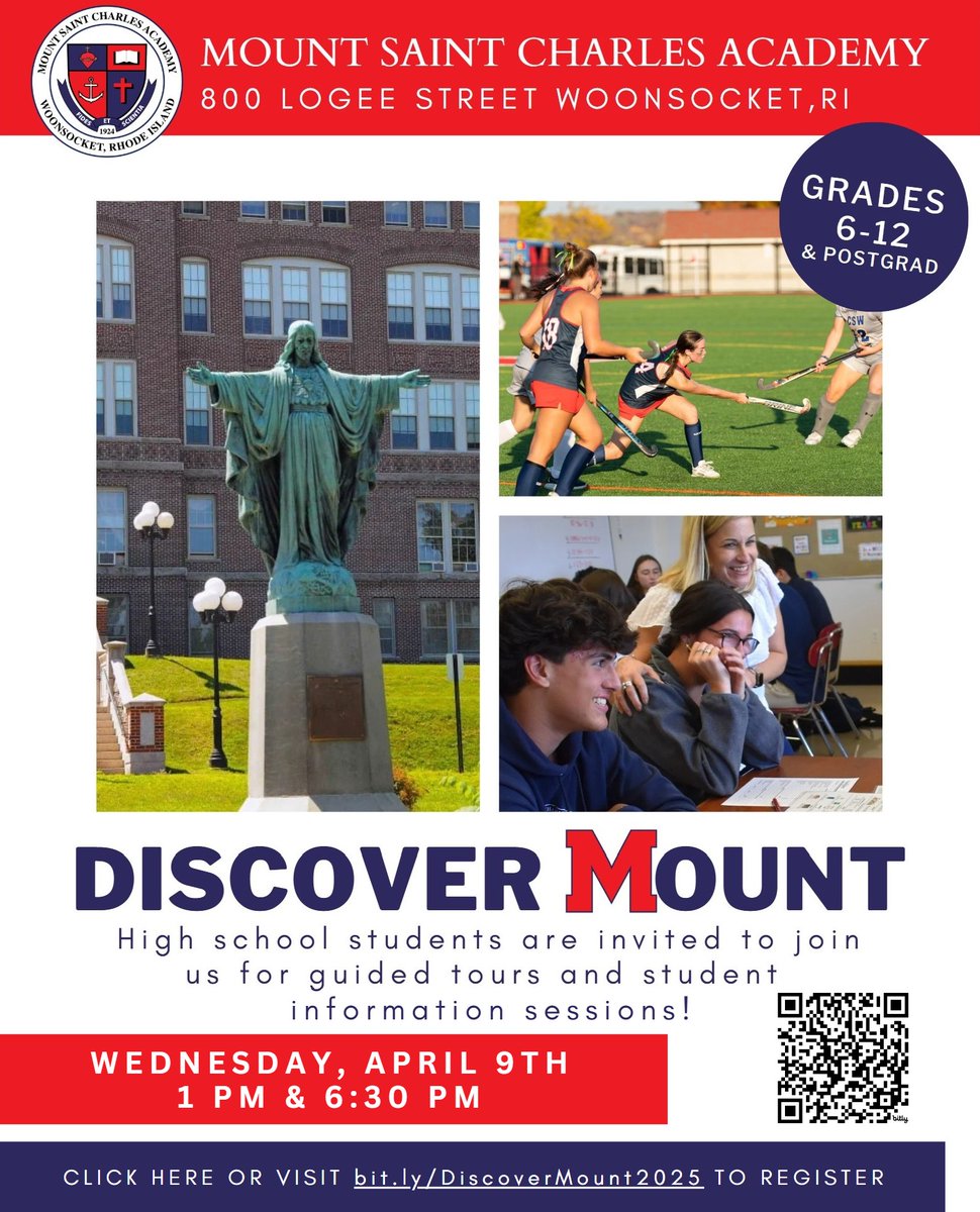 Discover Mount - join us on April 9th to learn more about our school and all that it offers including our NEPSAC prep school athletic programs along with a chance to meet with our coaches! Scan the QR code to register or click on this link: mountsaintcharles.myschoolapp.com/app/embed#adme…